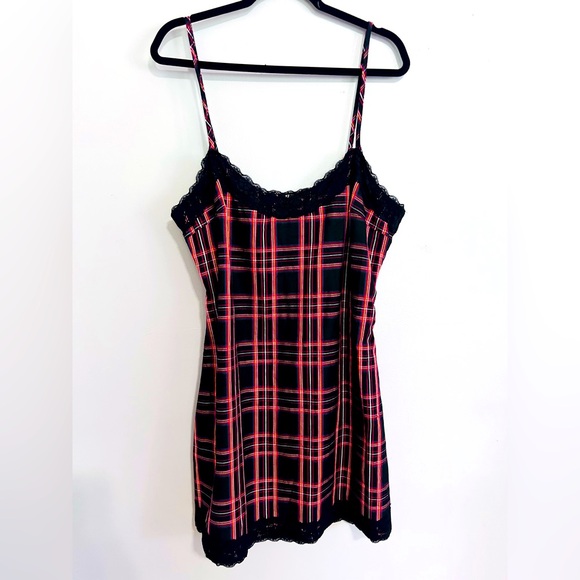 Social Collision Red & Black Plaid Slip Dress Lace Trim Size XL Grunge Punk Chic - Picture 1 of 6